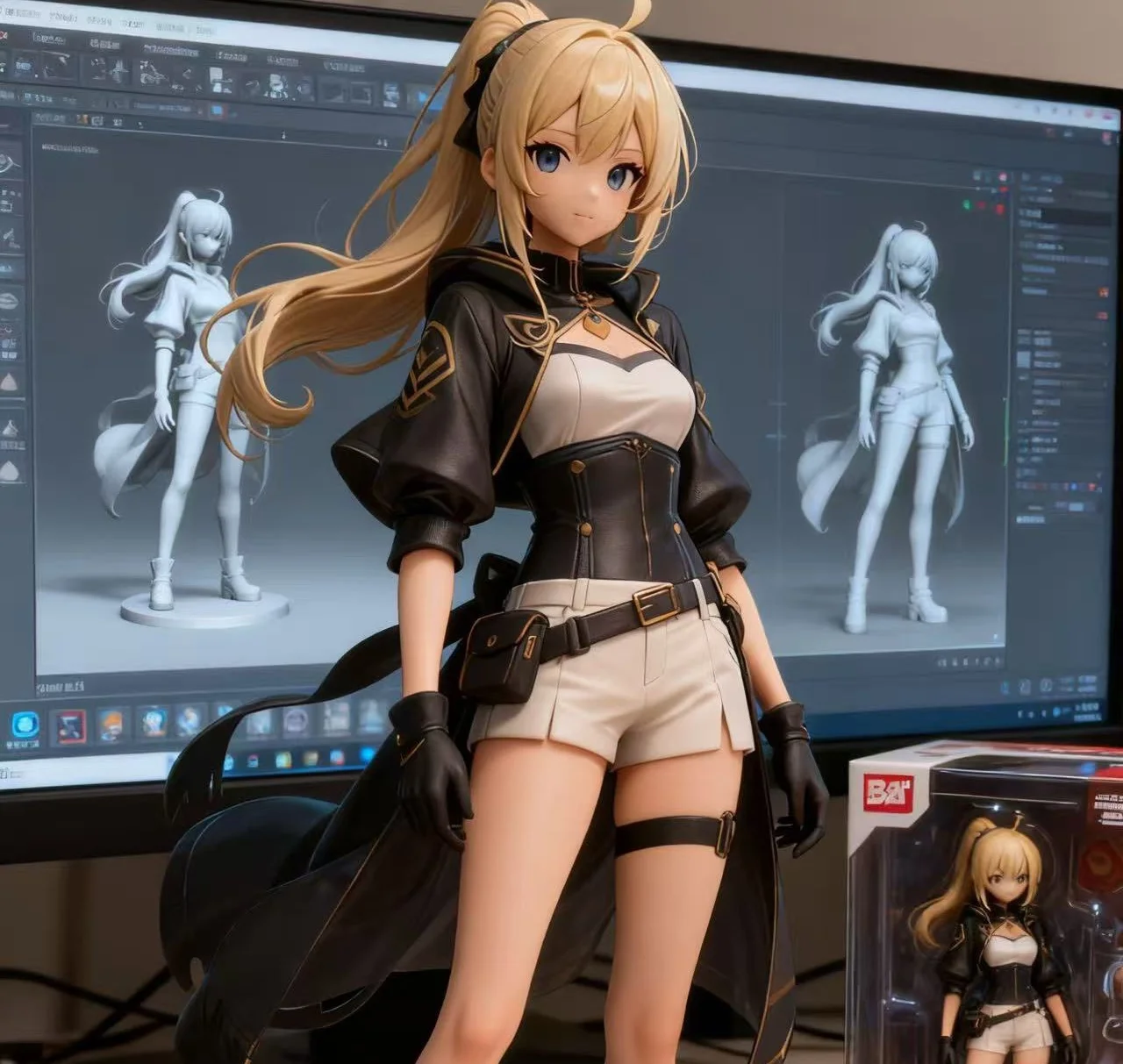 Turn this image into a realistic photo of a collectible figure, in a realistic style andenvironment.Place the figure on a computer desk, Next to the computer screen: place a packaging boxwith rounded corner desian and a transparent front window, so the figure inside is clearlyvisible. The box should also be printed with the figure's original artwork.On the computer screen, display the Blender modeling process of the figure. Prompt helper 1